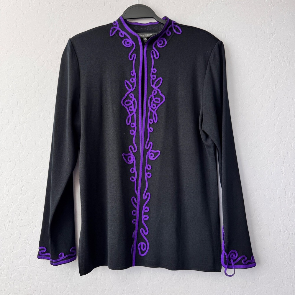 Ming Wang Knit Jacket Embellished Mandarin Collar‎ Long Sleeve Black Purple M